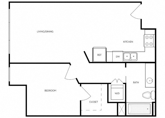Floor plan for 1 bed, 1 bath, 657 sqft